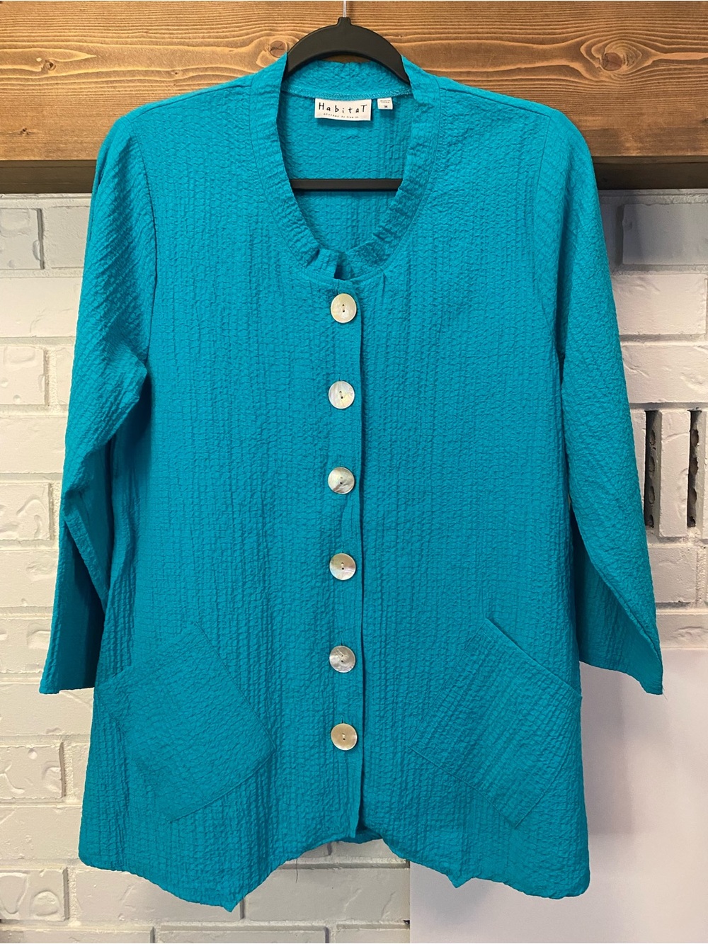 Habitat Textured Tunic Jacket Turquoise Button Front Lagenlook 3/4 Sleeve Medium